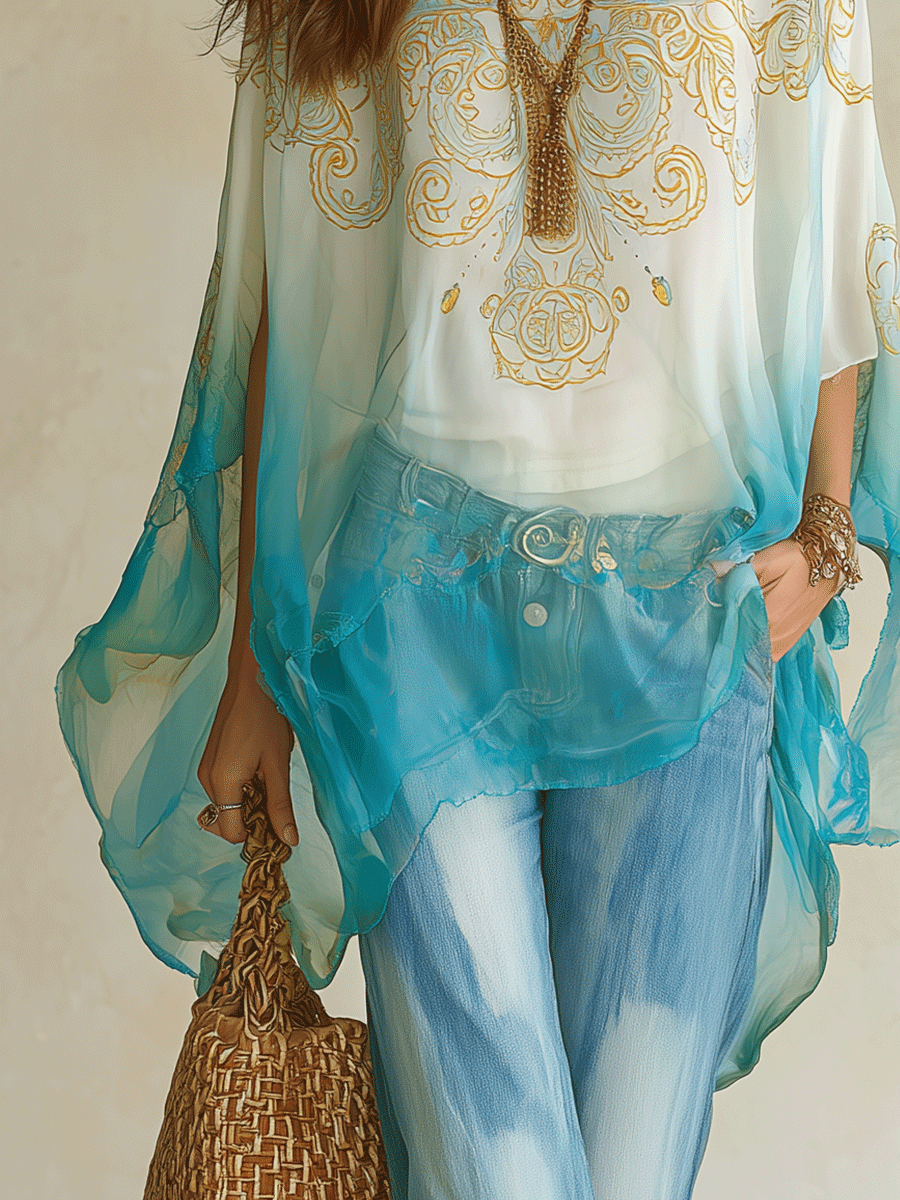 Effortless Coastal Breeze Turquoise Ombre Sheer Blouse