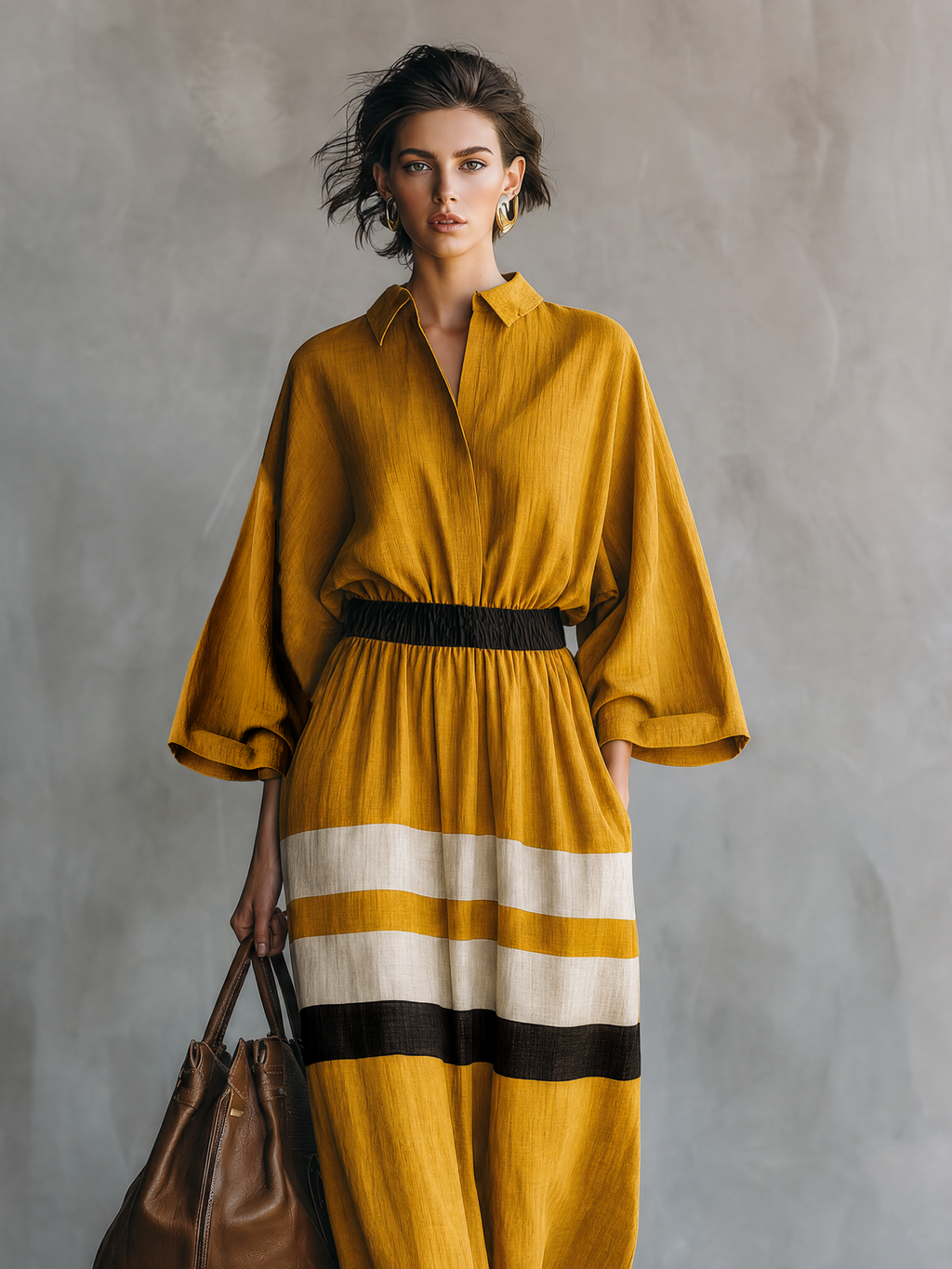 Women's Minimalist Color-Block Maxi Dress With Elastic Waist And Three-Quarter Sleeves MDZ2053G2WY