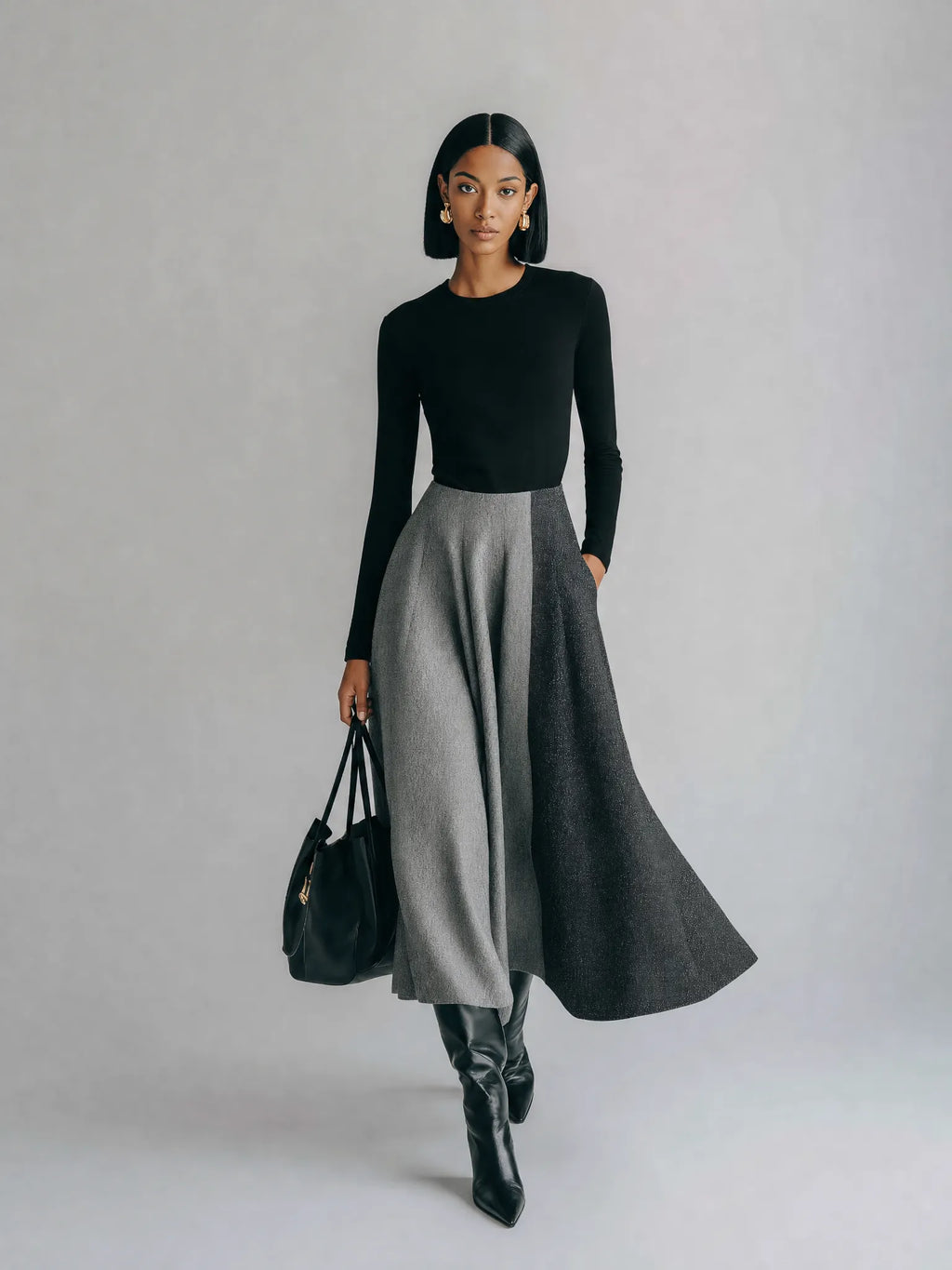 Women's Minimalist Black And Gray Color-Block Long Sleeve Midi Dress MDZ1767G1ZSQ