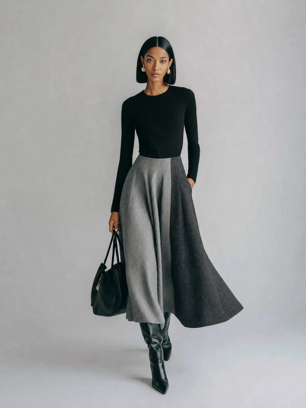 Women's Minimalist Black And Gray Color-Block Long Sleeve Midi Dress MDZ1767G1ZSQ