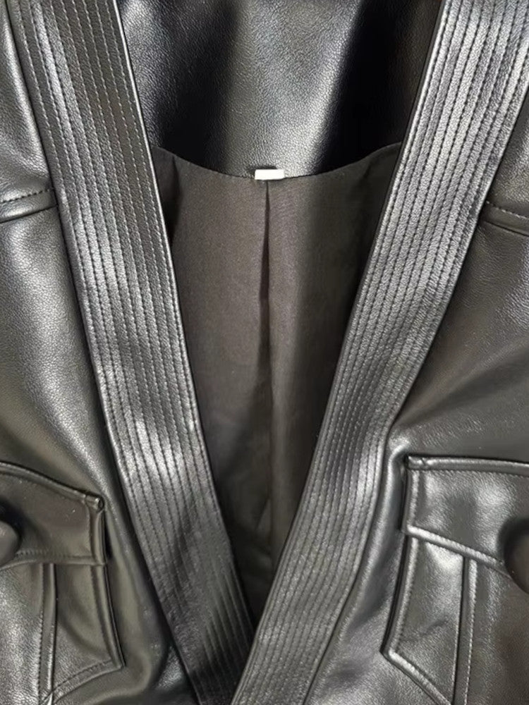 Long Sleeve Belt Faux Leather Jacket Black