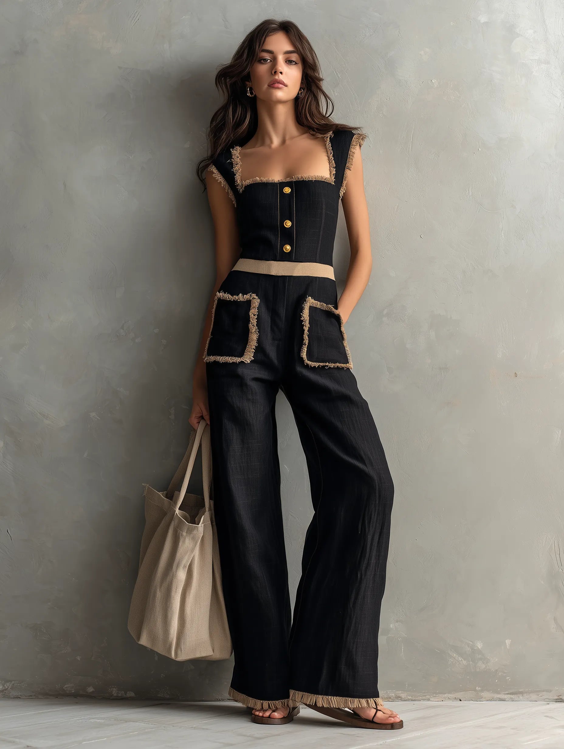 Women's Casual Black Cotton-Linen Sleeveless Jumpsuit With Wide Straps MDZ0676G8LXY