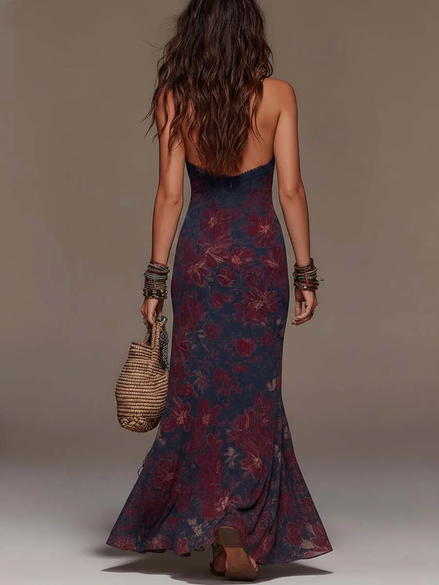 Retro Lace Halter-Neck Floral Fishtail Maxi Dress