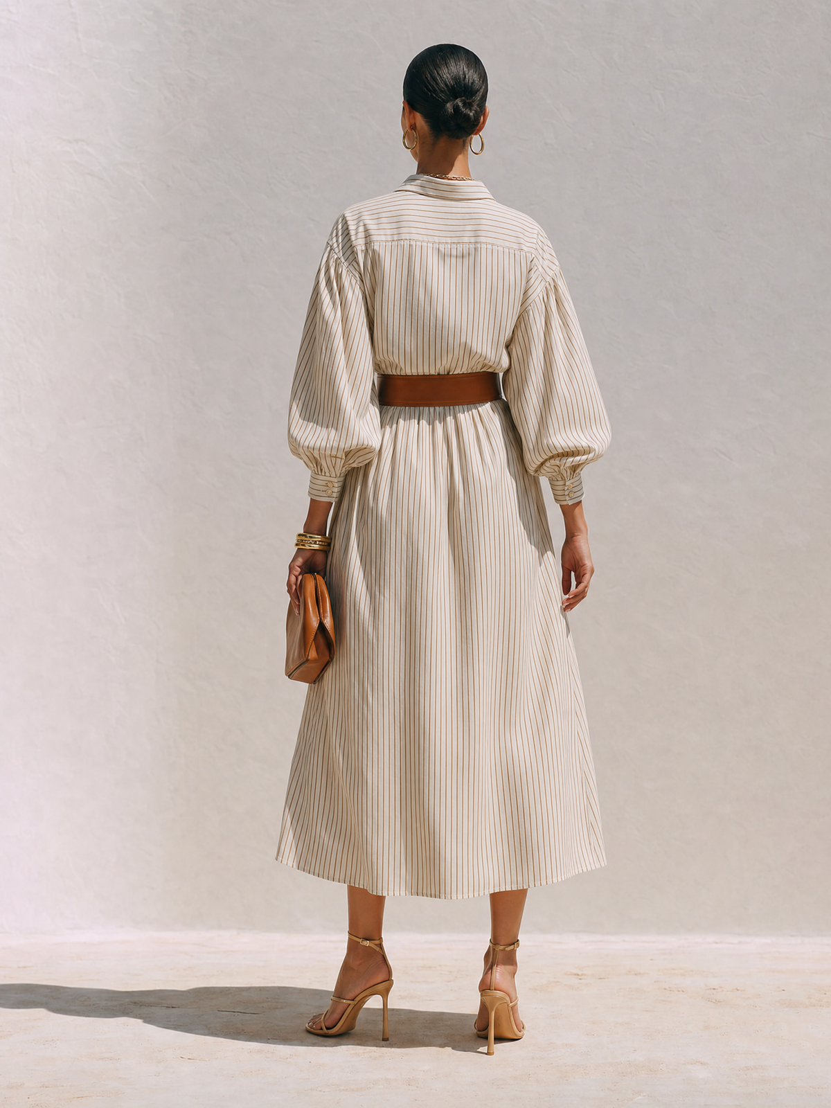 Women's Elegant Ivory Cotton Blend Pinstripe Collared Button-Front Balloon Sleeve Belted Midi Shirt Dress MDZ0739G0ZSQ