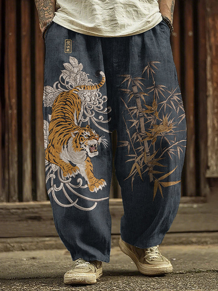 Men's Retro Japanese Tiger And Bamboo Art Pattern Linen Blend Pants