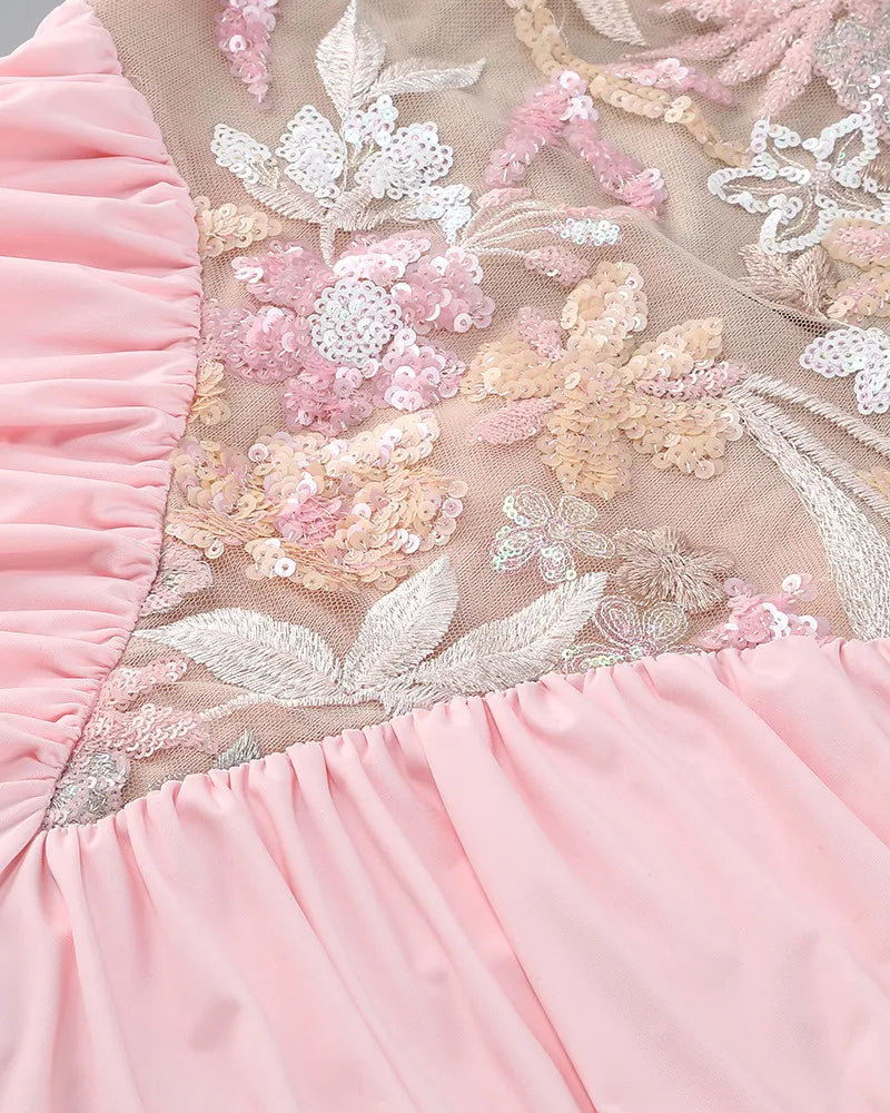 Halter Floral Sequin Embroidered Maxi Dress Pink