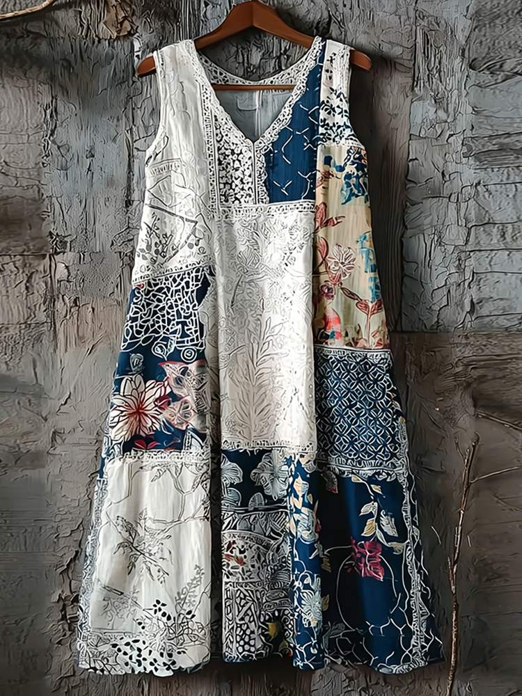 Japanese Art Retro Style Geometric Patchwork Design Lace Patch Women's Cotton And Linen Dress