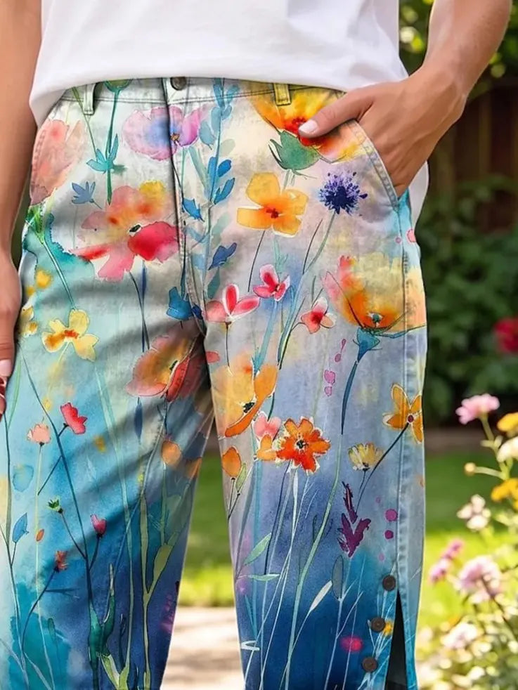 Ethnicity Watercolor Flowers Women's Art Print Casual Cotton Denim Pants