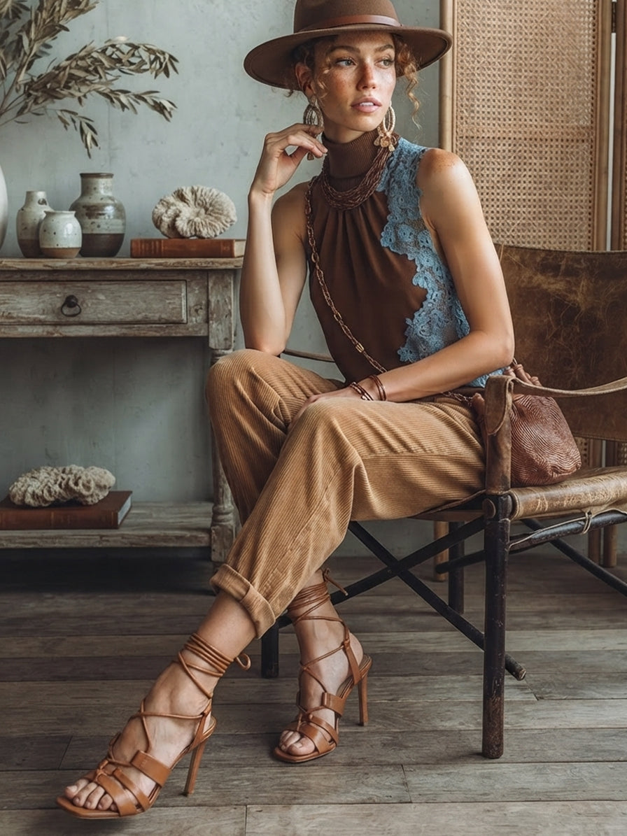 Brown Satin Lace Patchwork Sleeveless Top