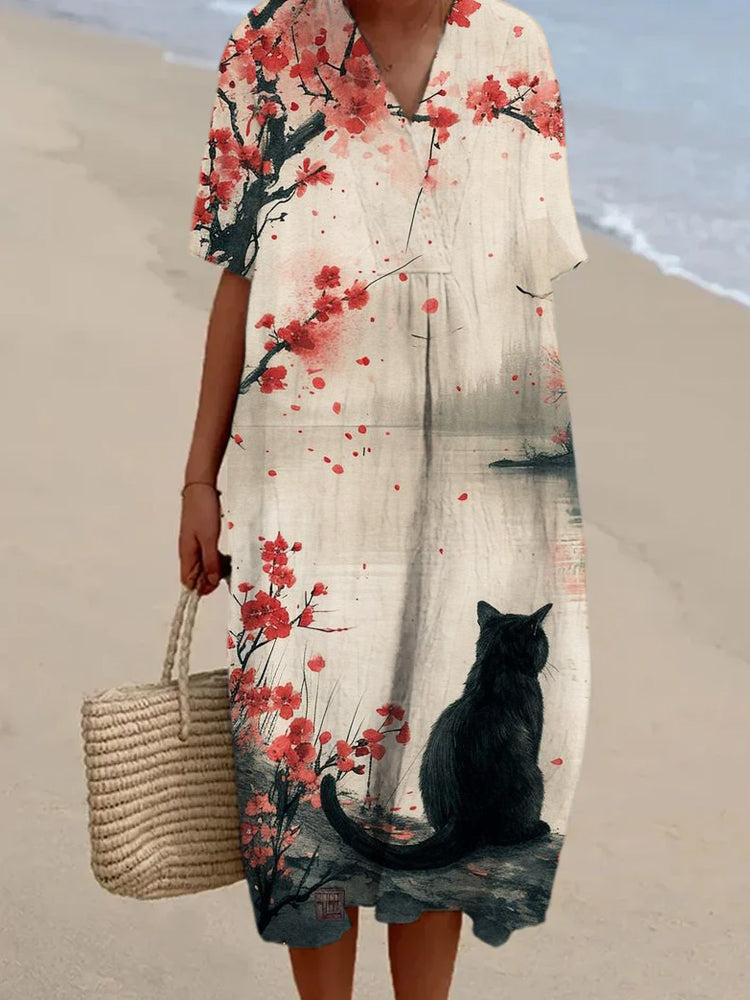 Japanese Floral & Cat Pattern Women's V-neck Short Sleeve Linen Maxi Dress