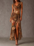 Draped Cowl Neck Vintage Floral Mesh Tie Side High Slit Midi Dress