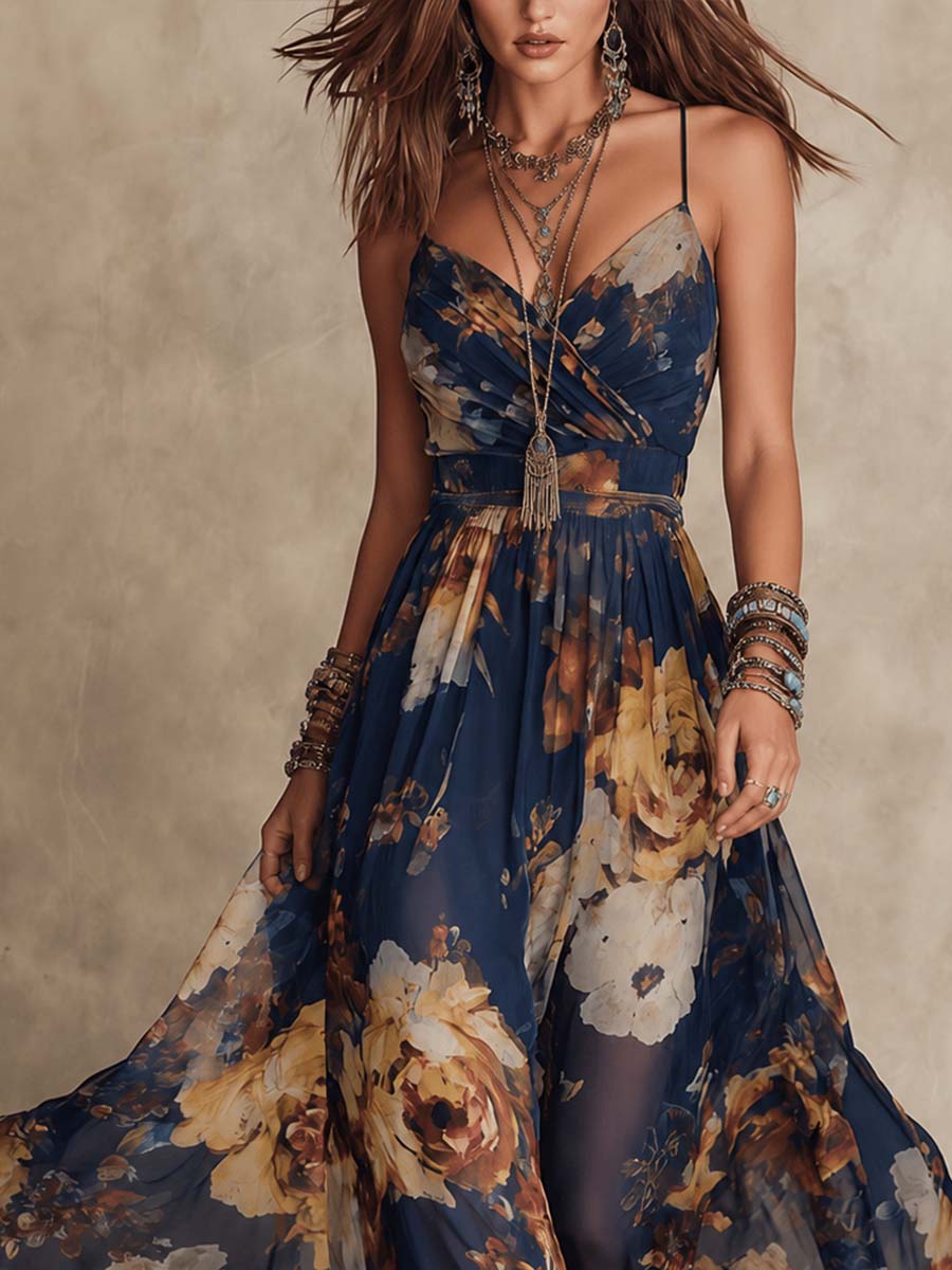 Retro Fine-Strap Chiffon Midi Dress With Oil-Painting Style Floral Print