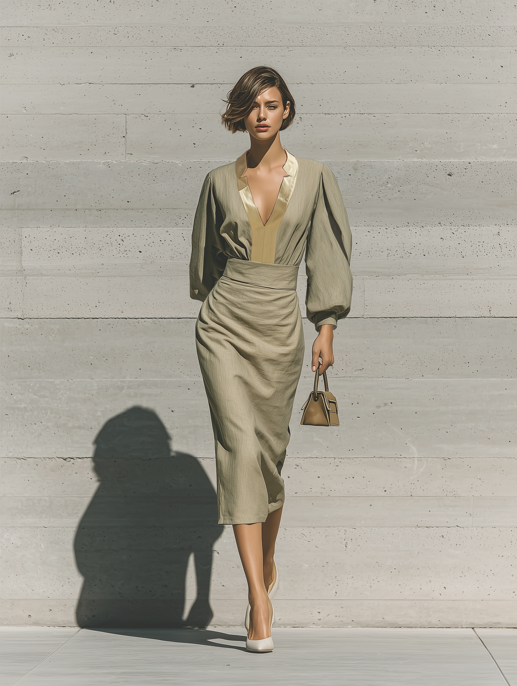 Women's Light Khaki TCotton Blend Contrast Trim Notched Collar Lantern Sleeve Top High Waist Ruched Wrap Midi Skirt Matching Set MDZ2485G3YZJ