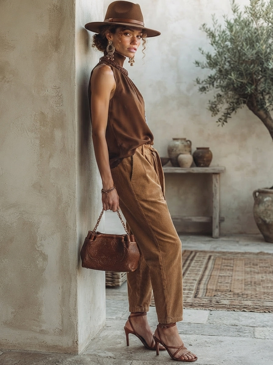 Brown Satin Lace Patchwork Sleeveless Top