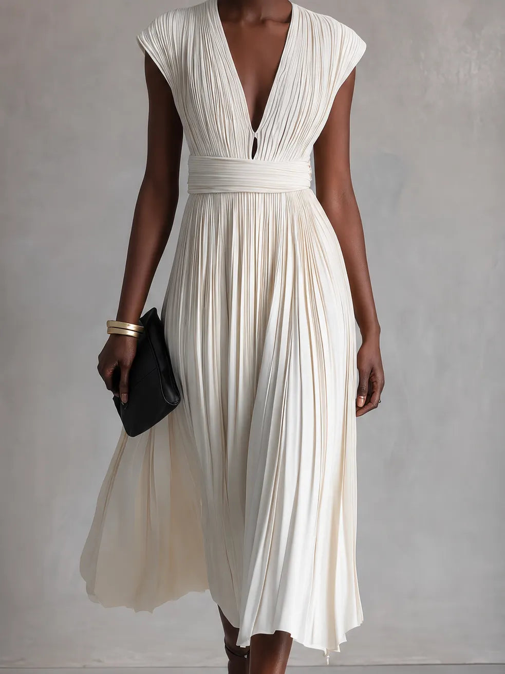 Women's Elegant Ivory Pleated Deep V-Neck Cap Sleeve Wide Waistband Flowy Midi Dress MDZ0392G2O