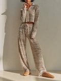 Women's Casual Brown Space-Dyed Ribbed Knit Collared Button-Front Cropped Cardigan And Drawstring Wide-Leg Pants Two-Piece SetMDZ2169G1ZSQ