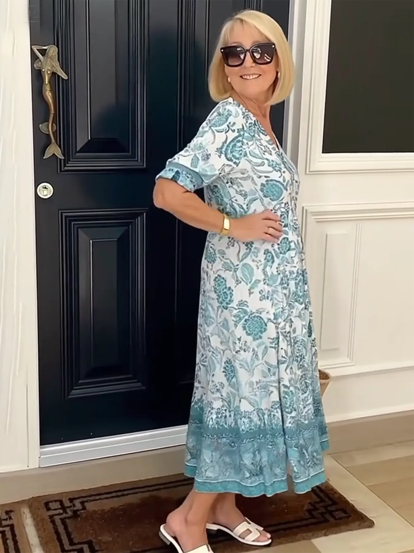 Boho Deep V Half Sleeve Dress Loose Floral Skirt Vacation Dress