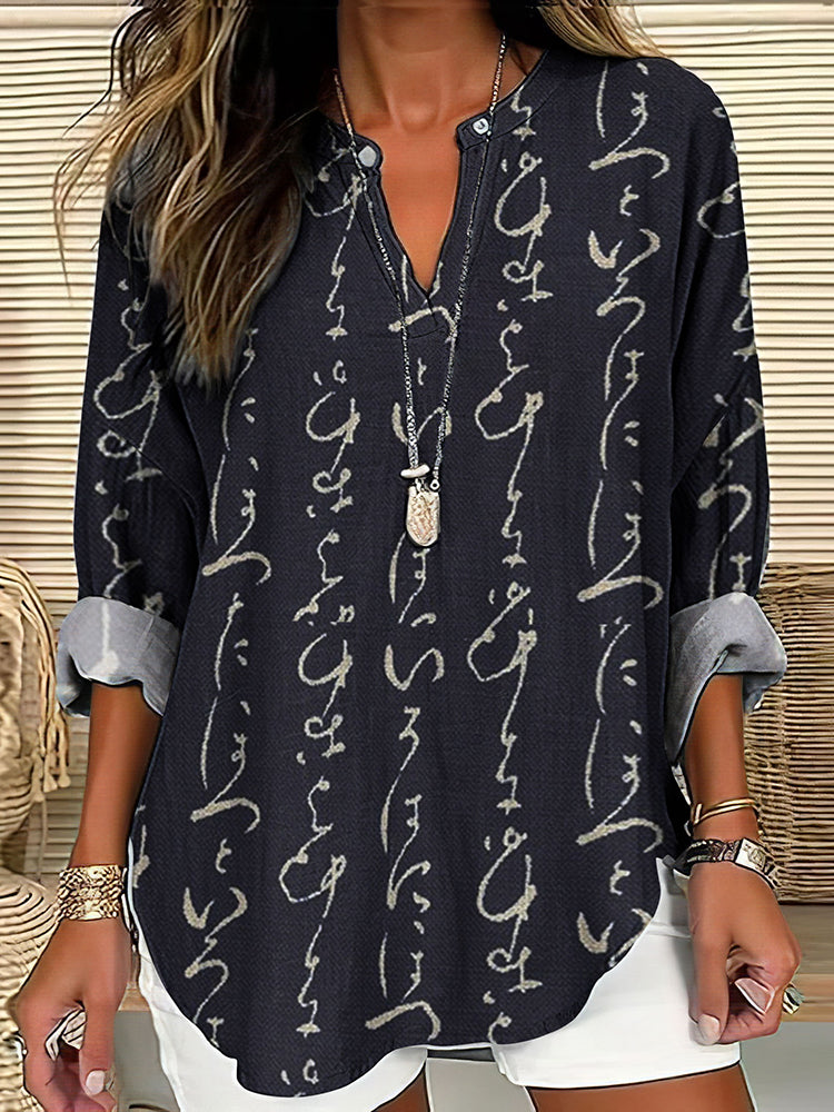 Retro Japanese Traditional Sashiko Calligraphy Pattern Women's Linen V-Neck Shirt