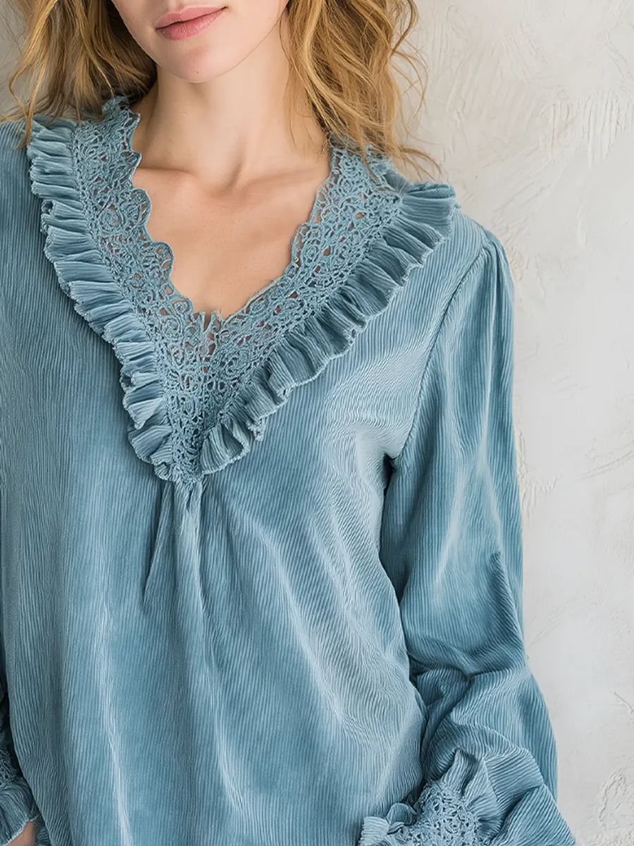 Bohemian Gray-blue Lace Corduroy Shirt