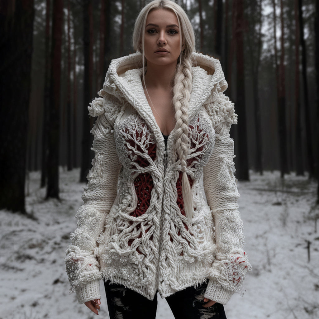 Women's Viking Tree Of Life Cable Knit Zip-up Hooded Sweater