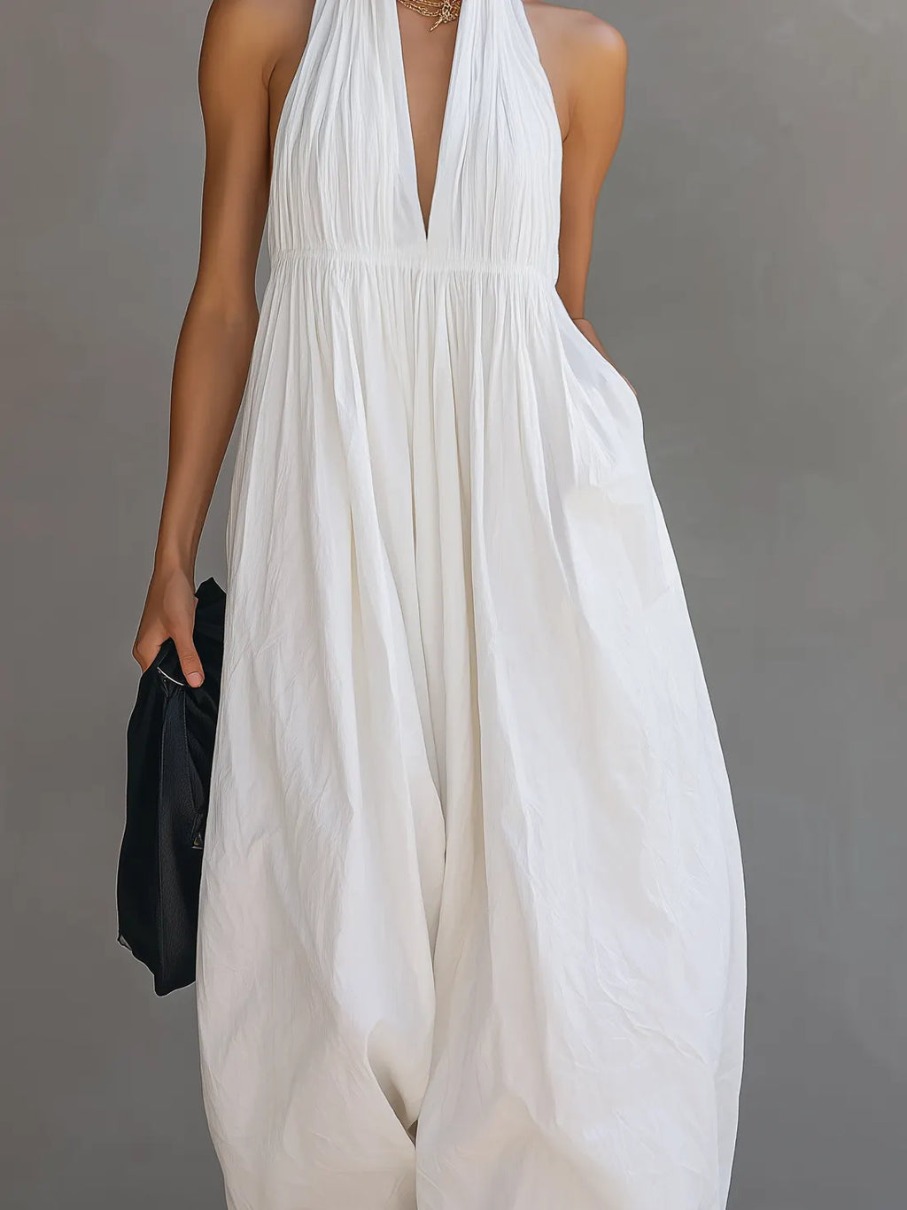Women's Casual White Cotton-linen Blend Halter Neck Sleeveless Jumpsuit MDZ2797B2AN