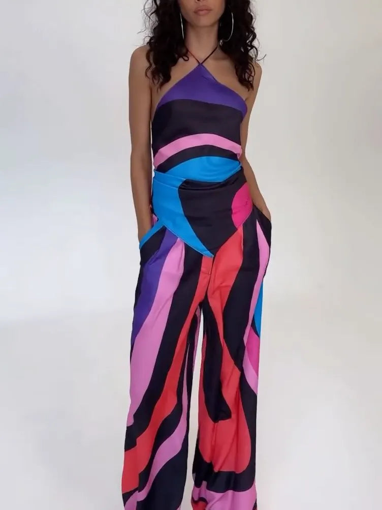 Vibrant Geometric Colorblock Backless Two-piece Suit