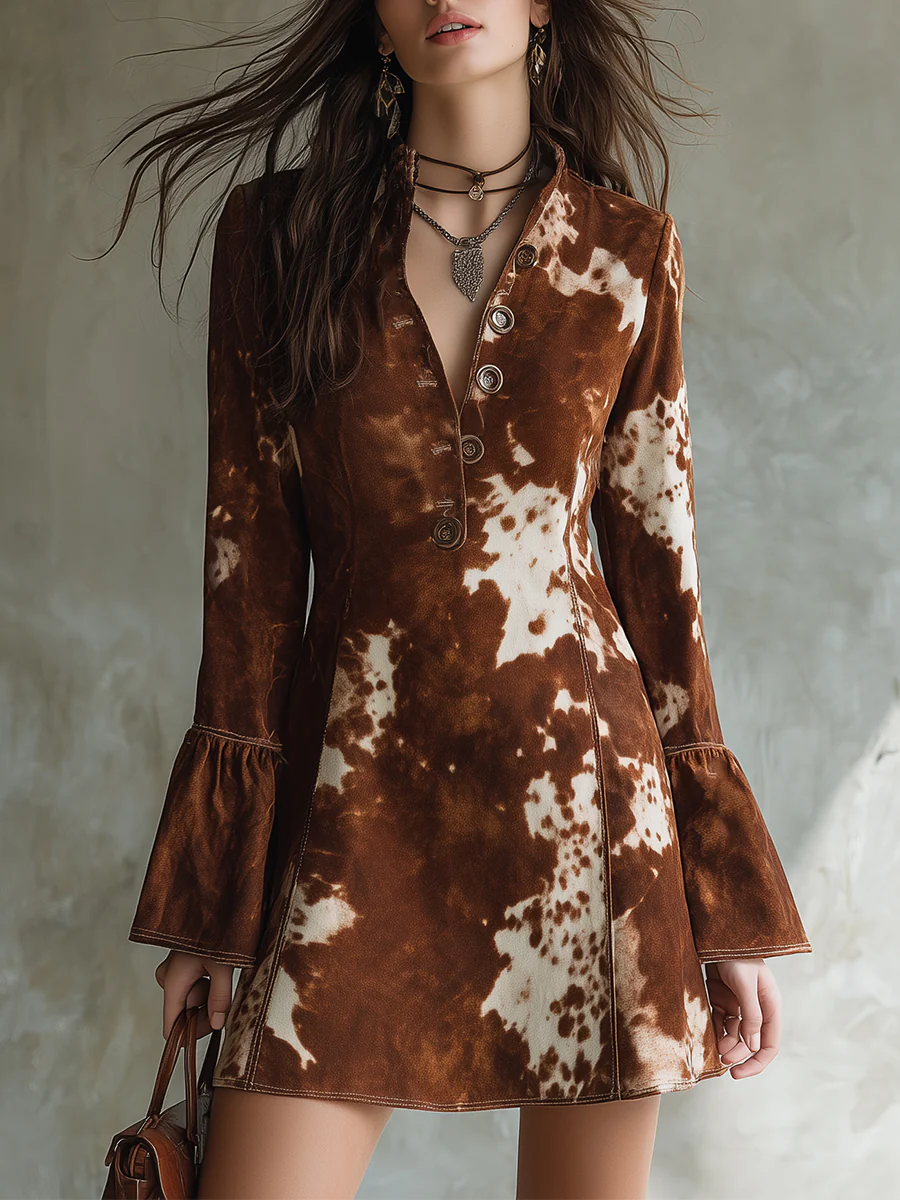 Cow Print Button Faux Suede Retro Mini Dress