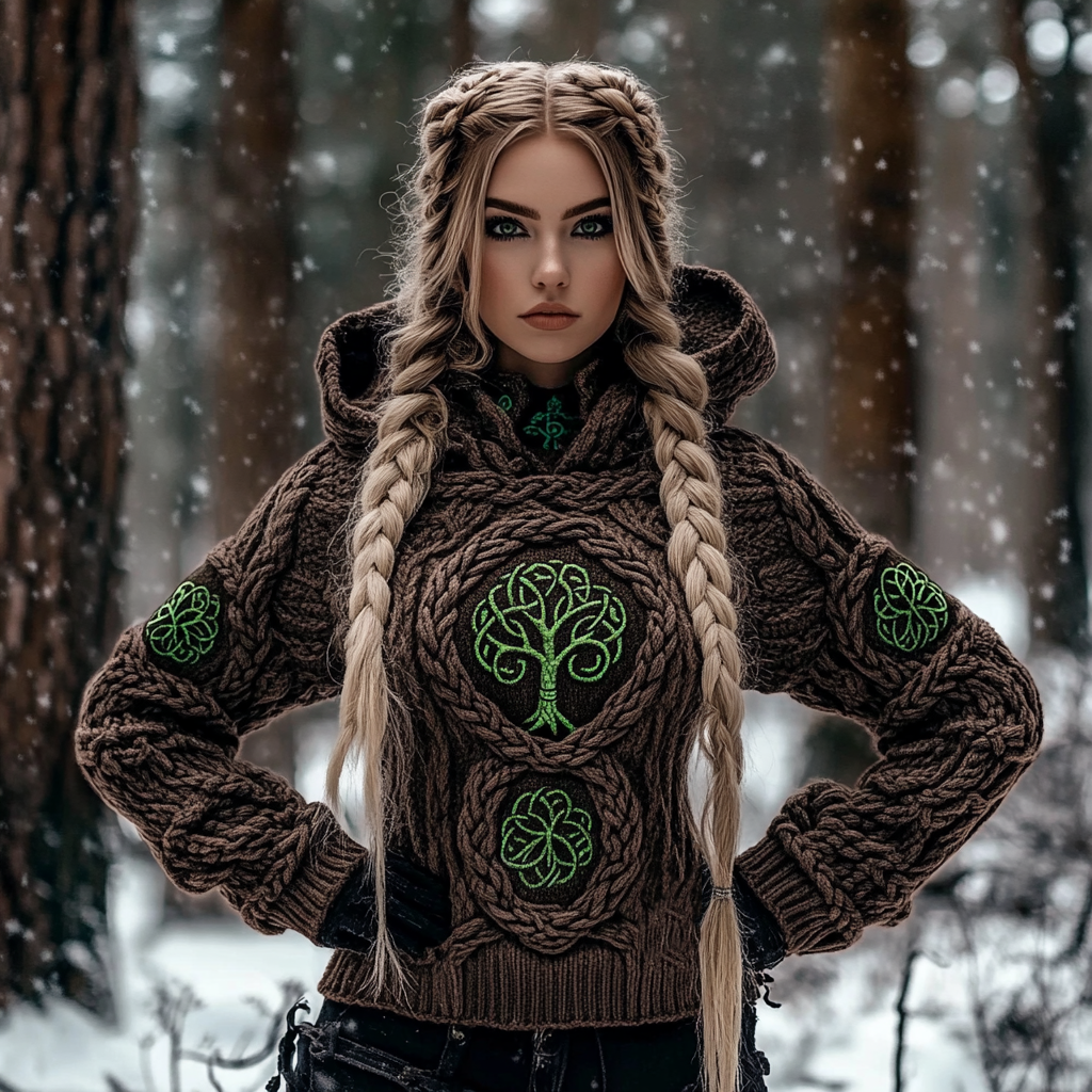 Vintage Viking Green Tree Of Life Mystical Heavy Hooded Sweater
