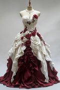 Ivory Red Floral Beading Vintage Long Tulle Ball Gown Wedding Dress gh4953