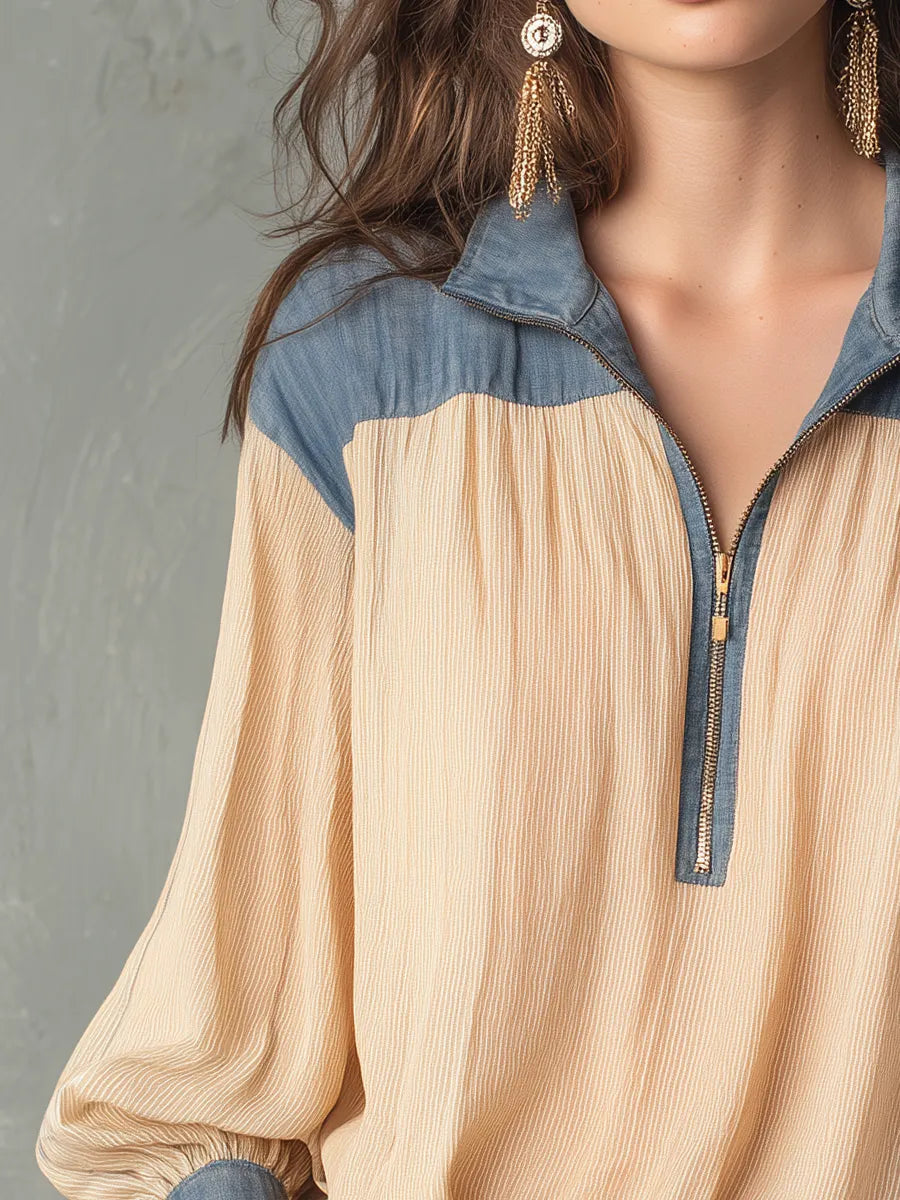 Relaxed Cream Blue Colorblock Half-Zip Blouse