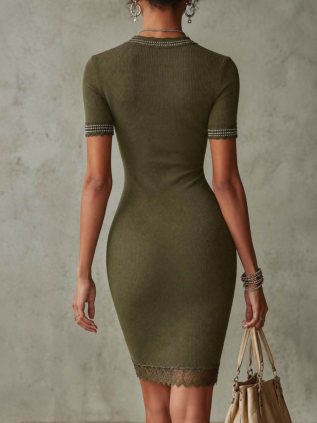 Olive Green Ribbed Knit Bodycon Midi Dress With Beaded Trim And Lace Hem