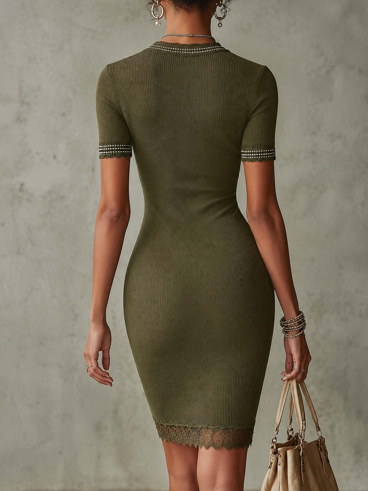 Olive Green Ribbed Knit Bodycon Midi Dress With Beaded Trim And Lace Hem