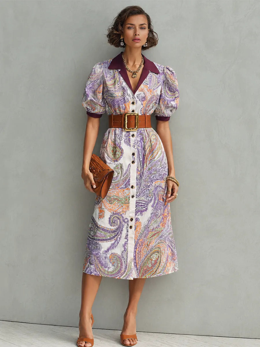 Women's Retro French Style Purple Tone Cotton Blend Paisley Print Lapel Puff Short Sleeve Waist Cinched Midi Shirt Dress MDZ0287G0GMJ