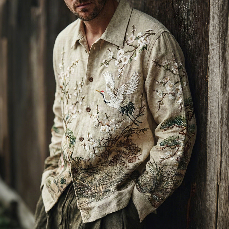 Men's Japanese Flower And Crane Embroidery Art Print Long Sleeve Shirt