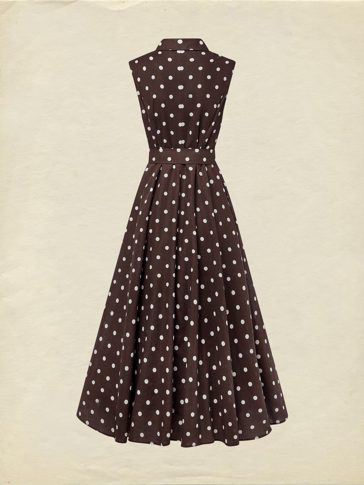 Midi Cotton Dress , Sleeveless, Shawl Collar, Polka Dots, Button Design, French Vintage, Coffee