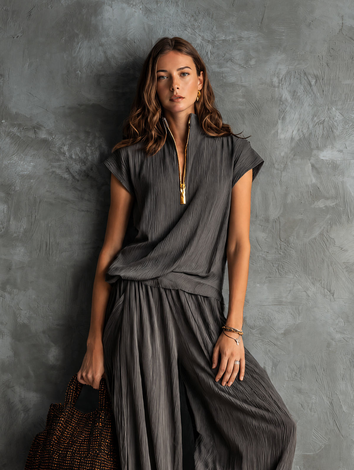 Women's Casual Grey Woven Pleated Short-sleeve Top Paired With Trousers MDZ1752G5LXY
