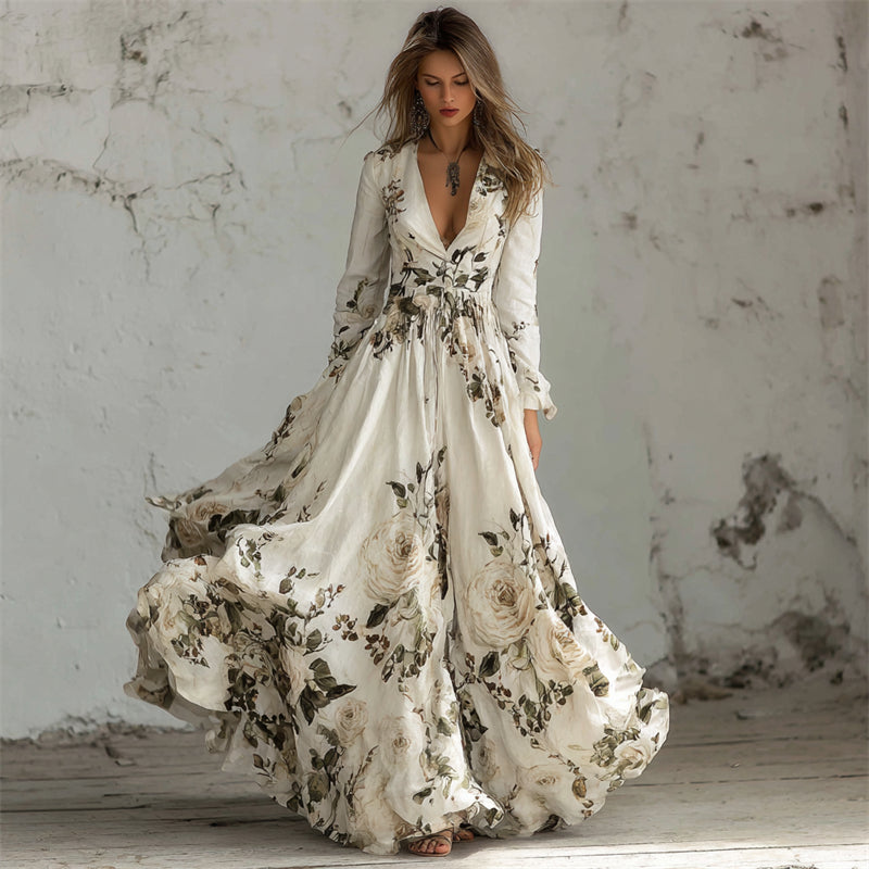 Classy White Roses Print V Neck Flowy Maxi Dress