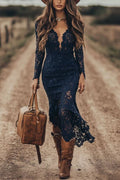 Lace deep V long-sleeved fitted asymmetrical dress