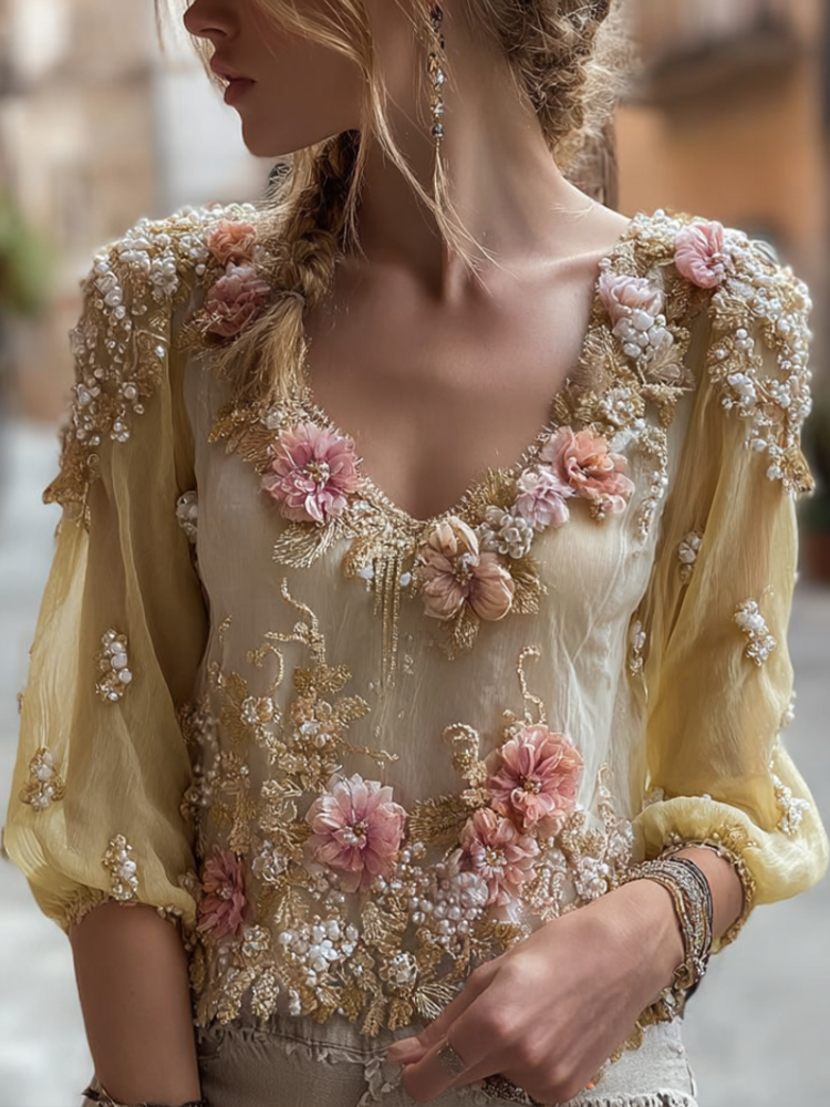 Bohemian Style Plant And Flower Embroidery Women's Round Neck Long Sleeve Cotton And Linen Top