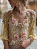 Bohemian Style Plant And Flower Embroidery Women's Round Neck Long Sleeve Cotton And Linen Top