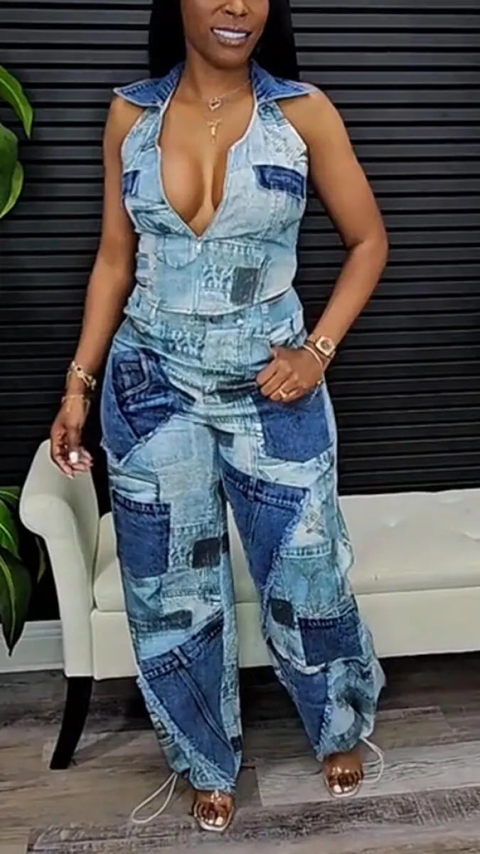 Women Collared Top and Pants Casual Patched Denim Outfit