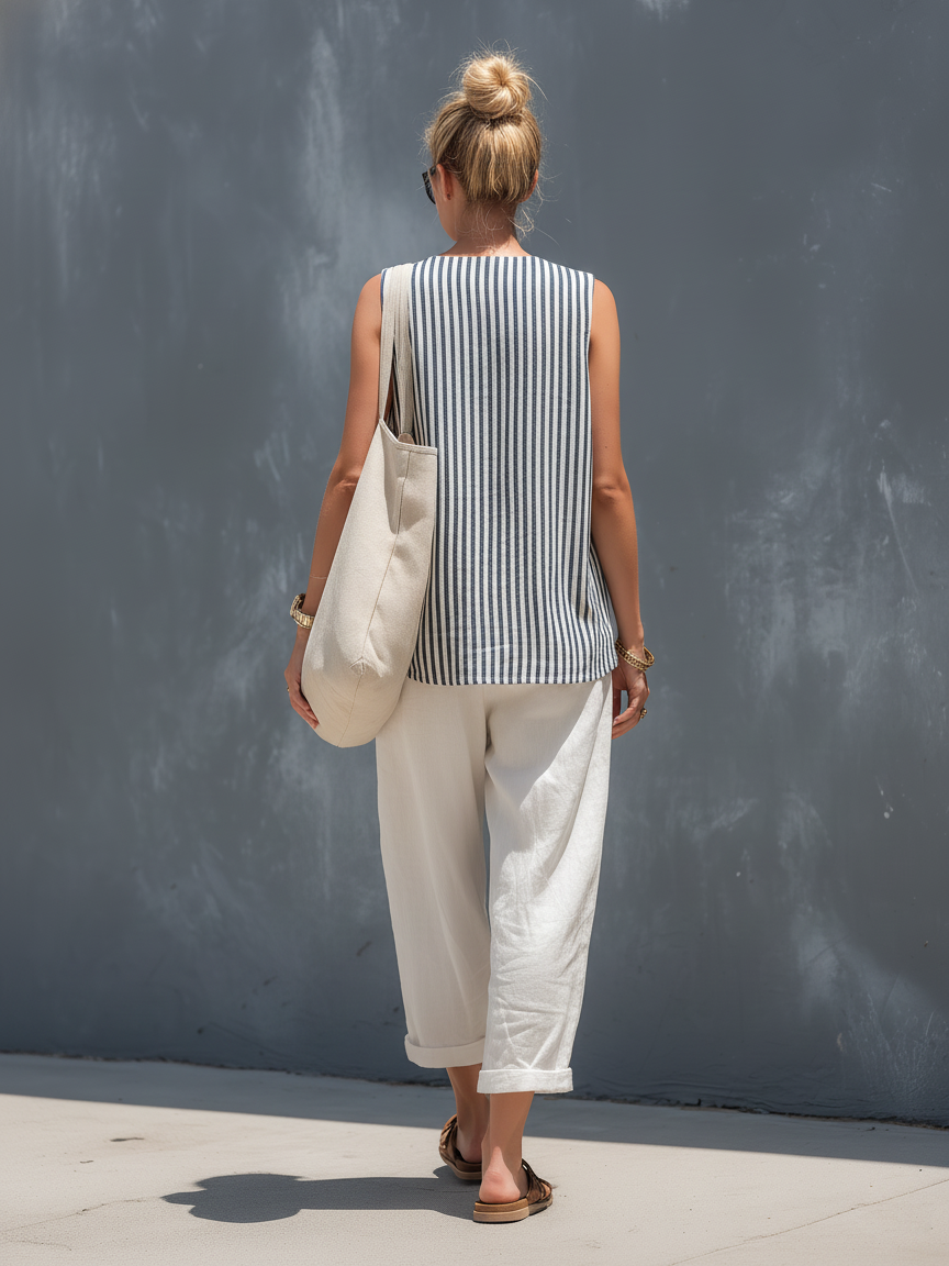 Women's Casual Striped Woven Sleeveless Vest Paired With White Cotton And Linen Trousers Set MDZ2815B5AN