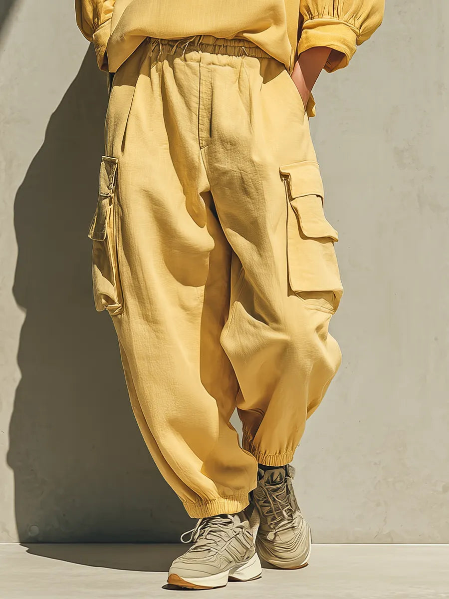 Women's Lemon Yellow Cotton-linen blend V Neck Balloon Three Quarter Sleeve Loose Top Elastic Waist Multi Pocket Jogger Cargo Pant Two Piece Set MDZ1732G1YZJ
