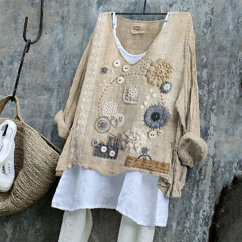 Cottage Floral Lace Embroidered Fiber Art Linen Blend Tunic