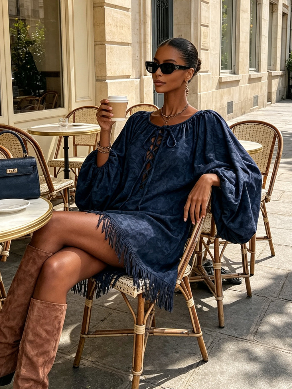 Navy Lace-Up Fringe Hem Oversized Mini Dress