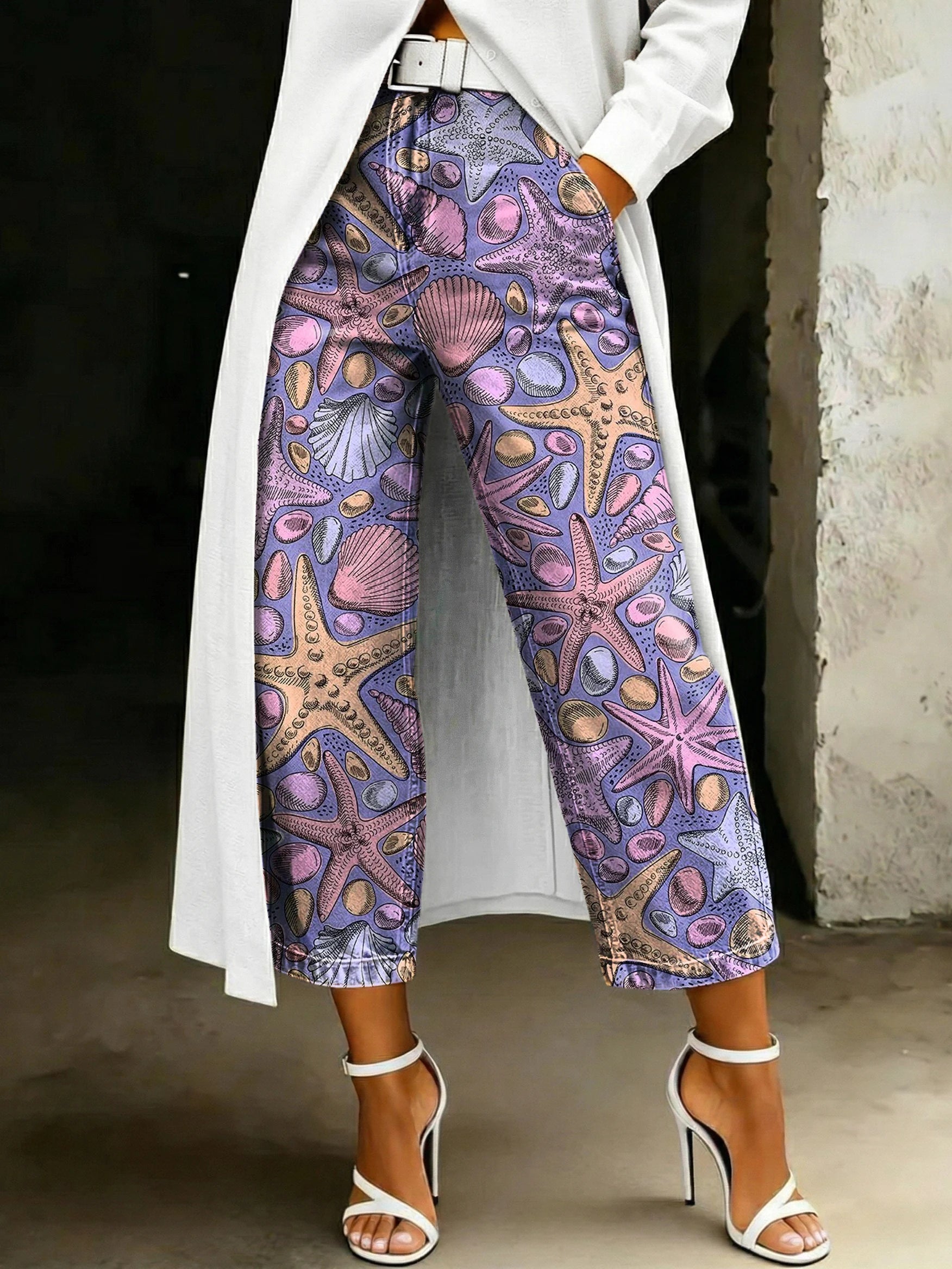 Women's Fashion Starfish Shell Artistic Print Relaxed-fit Wide-leg Jeans