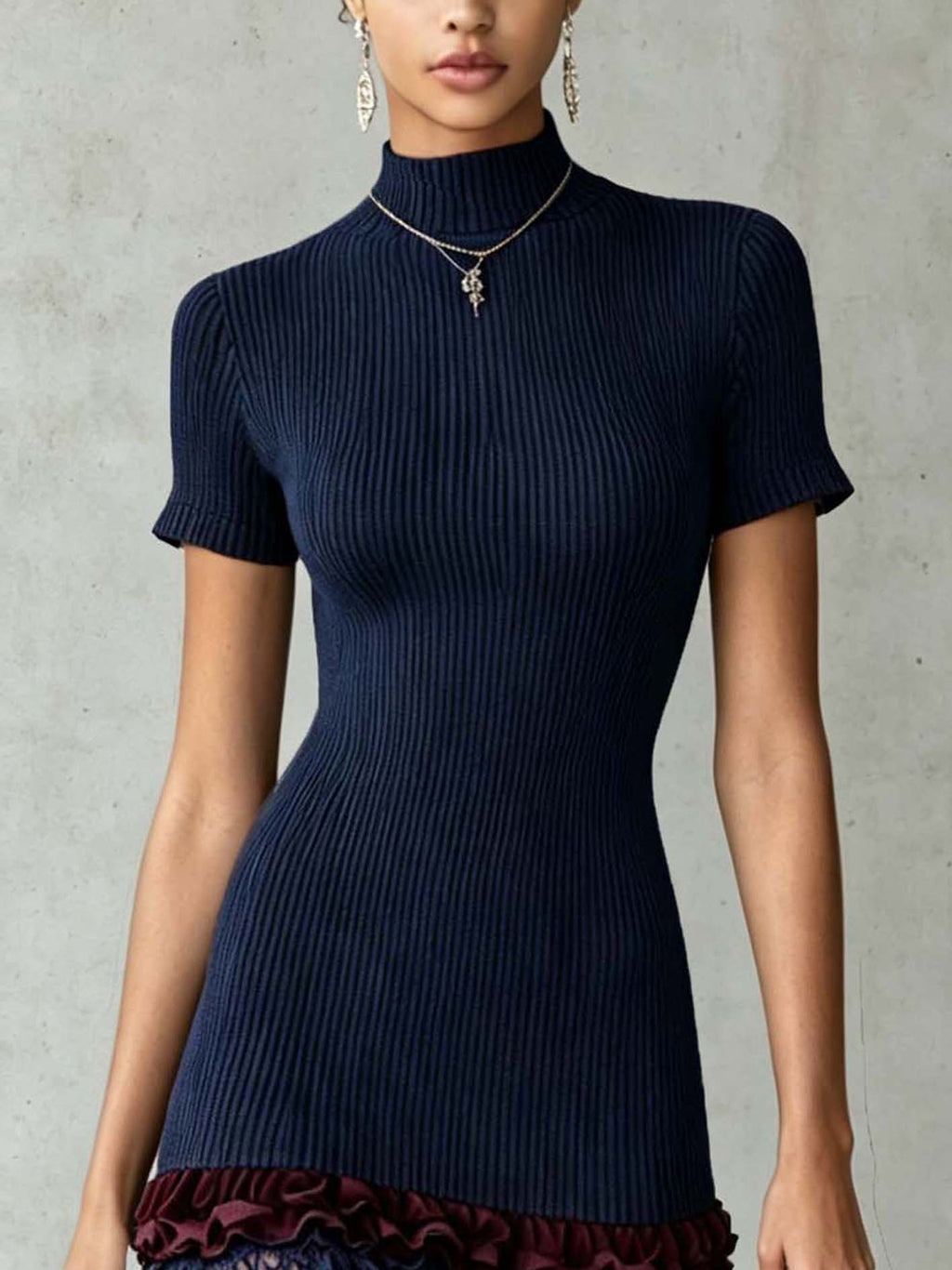 Navy Ribbed Knit Mini Dress With Lace Hem And Ruffle Trim
