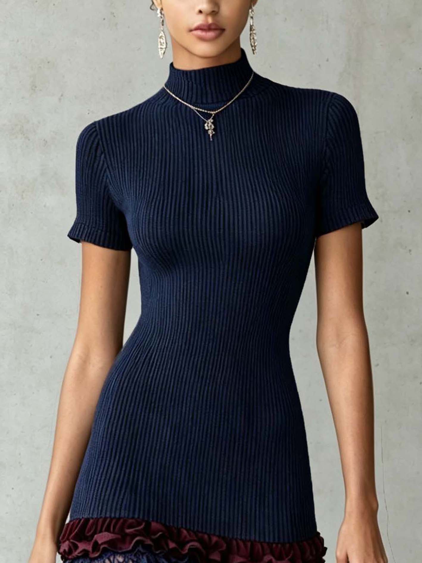 Navy Ribbed Knit Mini Dress With Lace Hem And Ruffle Trim
