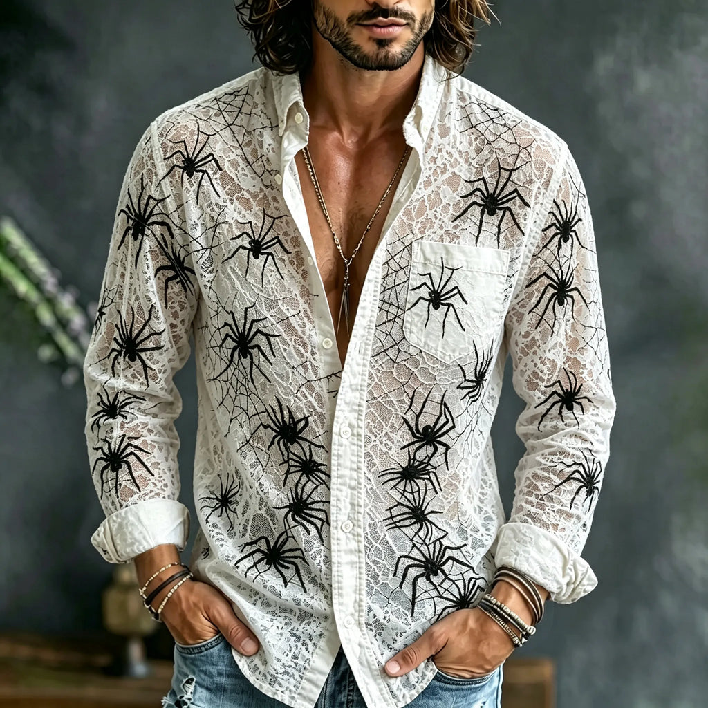 Men's Retro Halloween Spider Lace Print Long-sleeved Cotton Linen Shirt