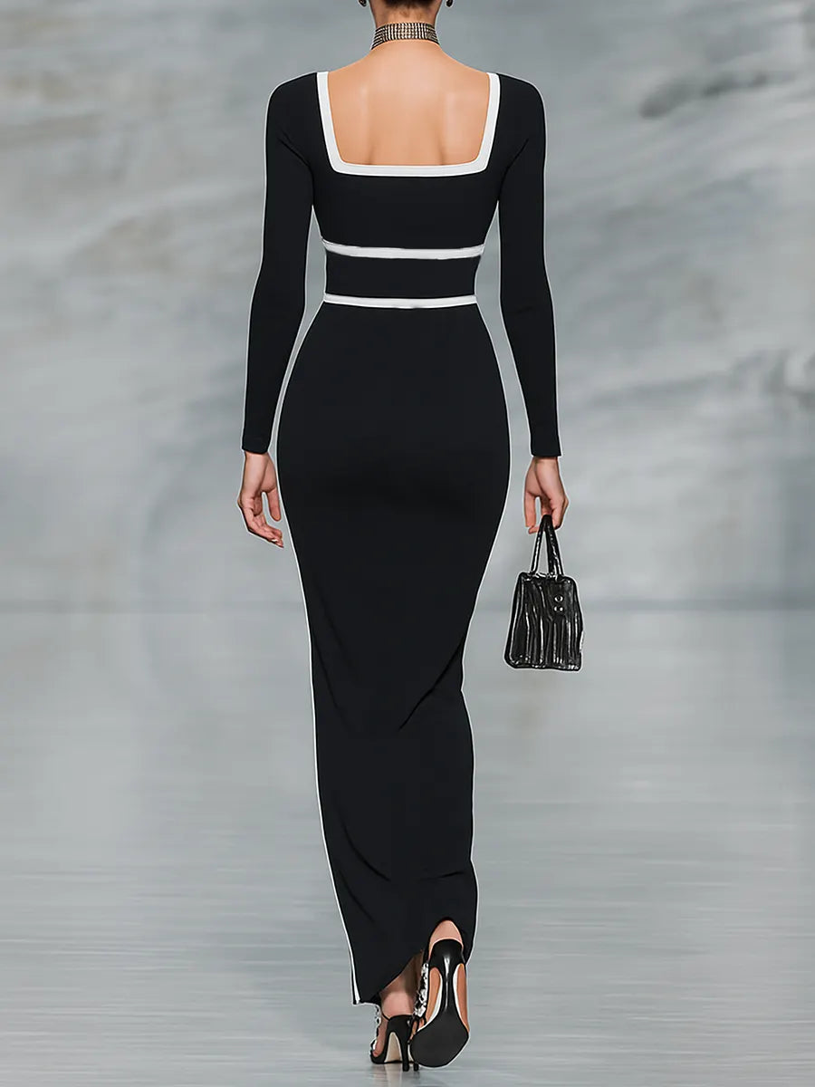 Women's Black And White Trim Square Neck Long Sleeve Tight Maxi Dress MDA1698G8Y